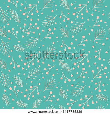 Christmas seamless pattern with spruce brunches, stars and snowflakes on blue background. Vector illustration. 