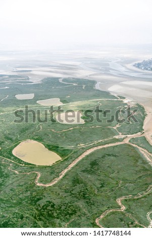 Aerial portrait photo of a huge, lush bay with rivers, water holes and animal trails on a cloudy afternoon. Shot in the Baie de Somme, Normandie, France. 