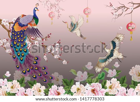Peacock on the branch, plum blossom and cranes bird  flying on a beautiful background