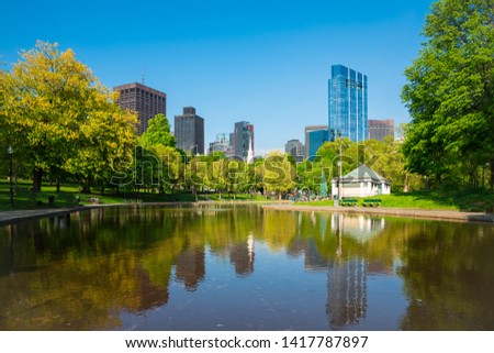 Boston common with skilines and blue sky