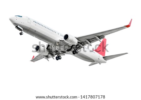 Plane with two turbofan engines, landing gear and red winglets, isolated on white Royalty-Free Stock Photo #1417807178