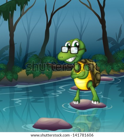 Illustration of a turtle in the pond
