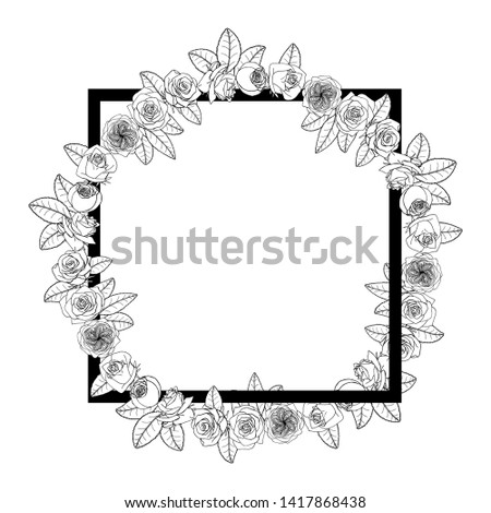 Hand drawn doodle style rose flowers wreath around square frame. floral design element. isolated on white background. stock vector illustration.