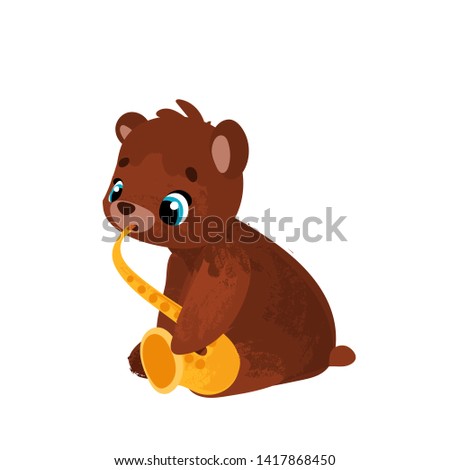 Funny cartoon bear with music instrumentin children's style. Vector illustrations for children books or posters.