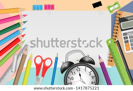 Blank note paper with school supplies on pastel color background. Vector illustration