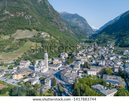 City of Tirano in Valtellina and valley of Poschiavo. Aerial view