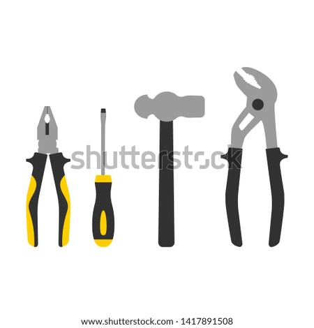Set of repair instrument icons isolated on white background. Pliers, screwdriver, hammer, water cimping pliers. Repair symbol. Illustration for design.