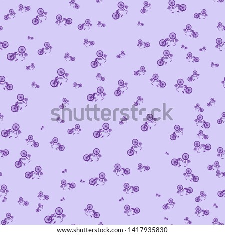Seamless pattern on a light lilac background. Violet bicycles of various sizes. Repeating texture. Purple image. Design for textiles, fabrics, background, banner, decor, wallpaper. Vector illustration