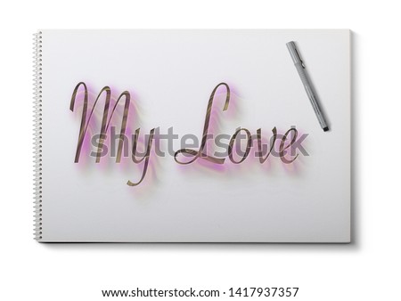 white diary with pen and love latter, love massage, top view image