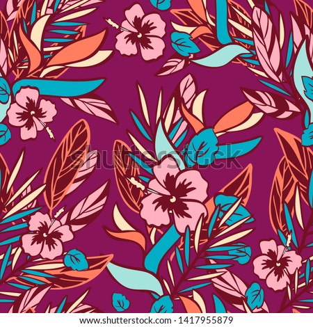 Hand drawn tropical plants and flowers in doodle style on maroon background. Vector seamless pattern.