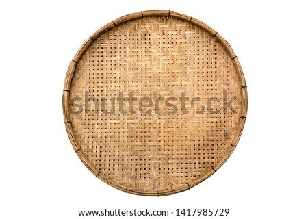 Old weave bamboo wood tray isolated on white background. Bamboo basket handmade isolated Royalty-Free Stock Photo #1417985729