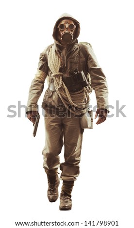 Post apocalyptic survivor in gas mask on white background  Royalty-Free Stock Photo #141798901
