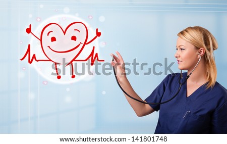 Attractive young doctor with happy red smiling heart