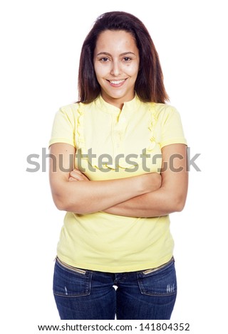 Happy young woman portrait standing with arms crossed, isolated on white background isolated.