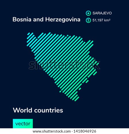 Vector abstract map of Bosnia and Herzegovina with mint striped texture and dark blue background