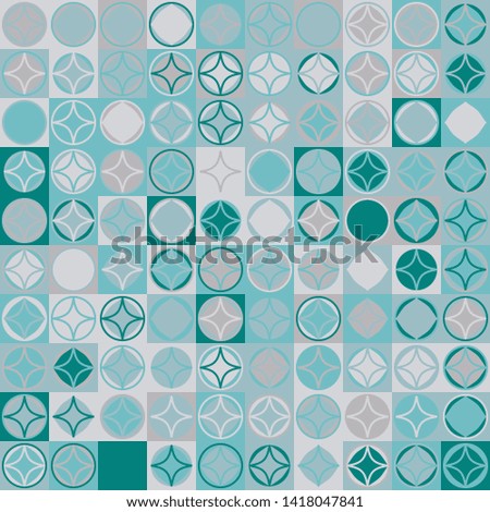 Seamless pattern. Circles and four-pointed stars on a checkered texture background. Chaotic colored elements.