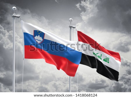 3D Rendering of Slovenia & Iraq Flags are Waving in the Sky - 3d illustration