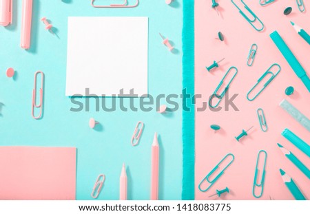 Blue and pink stationery backgrounds in pastel. Back to school. School background. Flat lay. Top view.