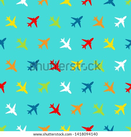 Vector seamless pattern of airplane on blue background