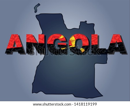 The contours of territory of Angola and Angola word in colours of the national flag, black, yellow and red. Africa continent