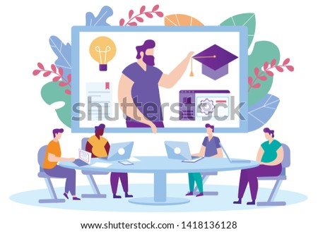 Men with Laptops front Monitor. Distance Learning. E-Learning. Online Training. Man with Laptop on Background Monitor. New Technologies. Vector Illustration.Teacher on Monitor Screen. Tell Lecture.