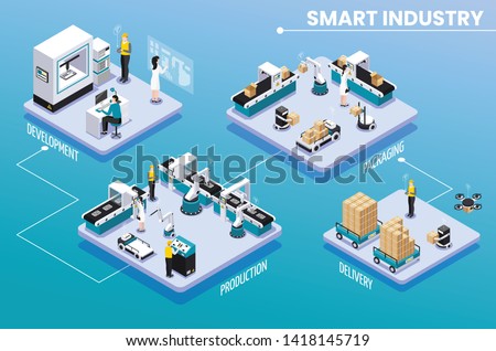 Colored isometric smart industry infographic with development production packaging and delivery steps vector illustration Royalty-Free Stock Photo #1418145719