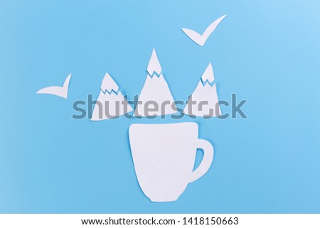 Morning coffee cup with mountain view. cartoon style