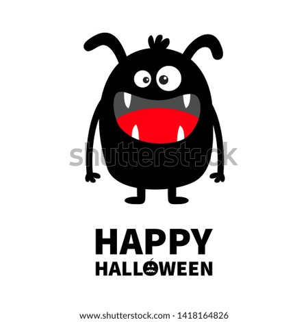 Happy Halloween. Monster black silhouette. Cute cartoon kawaii scary funny character. Baby collection. Crazy eyes, fang tooth tongue, hands. White background. Isolated. Flat design Vector illustration