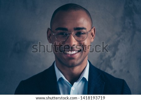 Close up photo portrait of nice positive cheerful satisfied intelligent cool macho gentleman wearing chic classy classic blazed isolated grey background