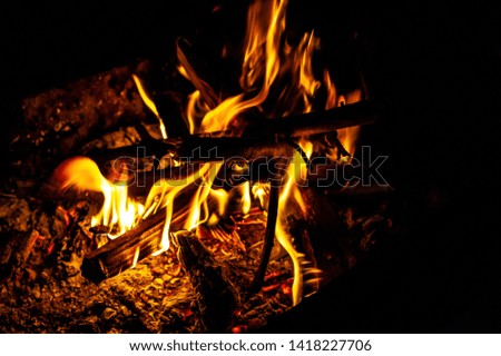 Woods burning with red flames in barbecue box, on black isolated