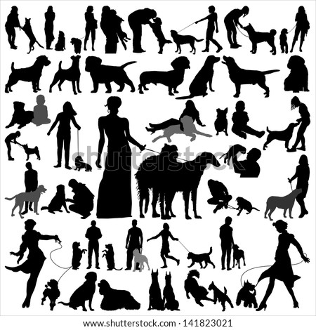High quality vector silhouettes of people and dogs, for design and polygraphs.