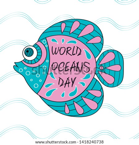 World Ocean Day greeting card. Underwater world. Fish, seahorse, seaweed, starfish in bubbles. color linear illustration on a white background with the inscription