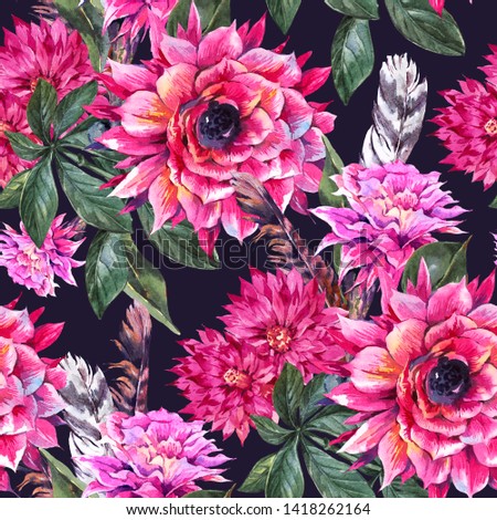 Tropical watercolor seamless pattern of vintage flowers. Exotic pink flowers, twigs and leaves. Botanical bright classic texture on black background