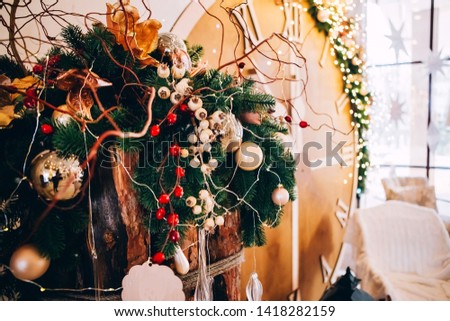 Concept of new year on big clock, hands of the clock indicate five minutes before new year, Christmas decor. Winter christmas photo zone with big clock