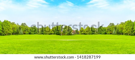 Green grass and green trees in beautiful park with white clouds blue sky in noon. Styled stock photo with golf course playground in a sunny summer day  perfect for banner or background.