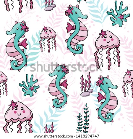 Pastel color jungle seamless sea pattern with seahorse, jellyfish.