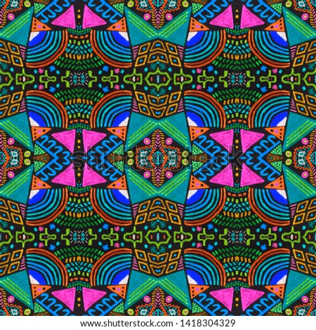 African repeat pattern. American seamless print. Mexican design. Indian motif. Folk patchwork. Fashion mayan print. Boho design. Indian style. Black, cyan, pink, green, gold african repeat pattern.