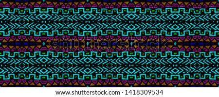 Ikat art. African seamless pattern. Peruvian seamless ornament. Navajo print. Tribal navajo motif. Vintage mexican texture. Indigo, black, pink, cyan, neon ikat art.