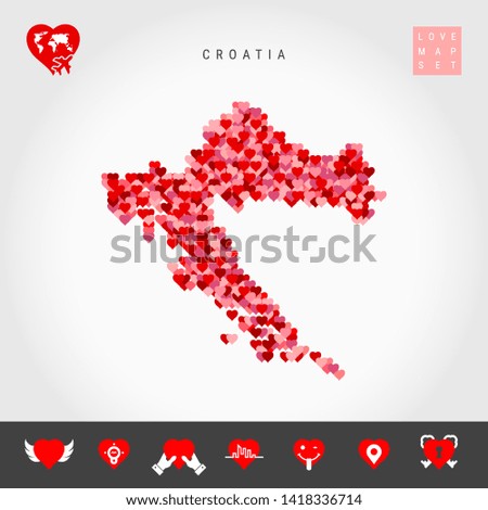 Red and Pink Hearts Pattern Vector Map of Croatia Isolated on Grey Background. Love Icon Set.