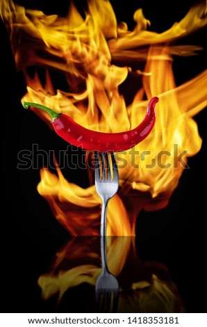 Red hot chili pepper on vintage silver fork over black background. Red hot chili peppers on a silver vintage fork on a background of fire. High cuisine.
