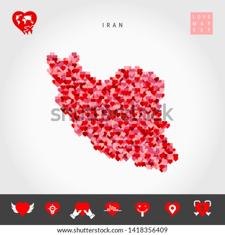 I Love Iran. Red and Pink Hearts Pattern Vector Map of Iran Isolated on Grey Background. Love Icon Set.