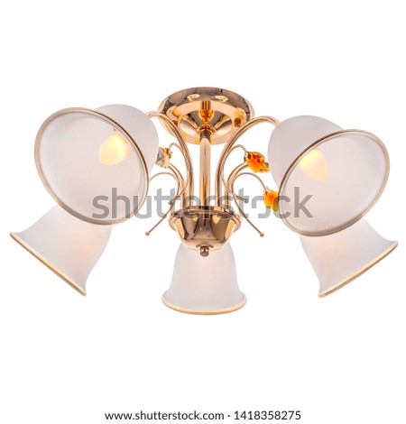 
golden chandelier with white shades. Isolating white background.