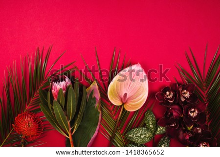 Orchid, anthurium, protea and palm leaves on red background. Tropical flowers flat lay pattern with place for text.