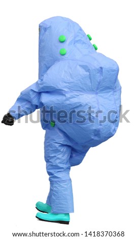back of a blue protective suit on white background