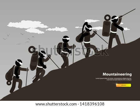 Group of climbers climbs the slope. Vector banner