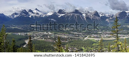 Panorama view of Mountains and the town of Canmore, Alberta, Canada  Picture taken on the hike up Mount Lady MacDonald.