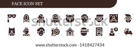 face icon set. 18 filled face icons.  Simple modern icons about  - Eye mask, Mirror, Stewardess, Rasta, Panda, Skull, Avatar, Face, Boy, Cat, Call center, Man, Clock, Dog, Ninja