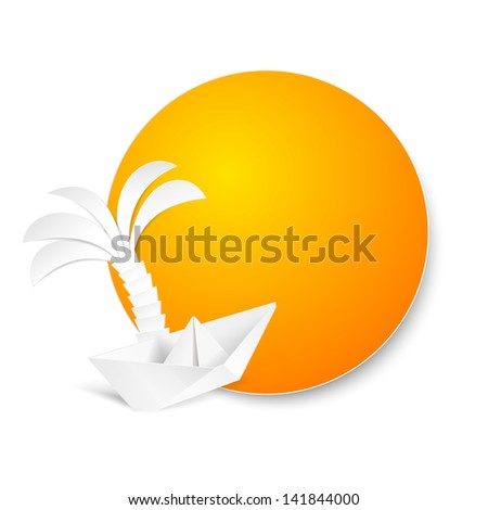 Palm origami tree over summer badge. Vector illustration, contains transparencies, gradients and effects.