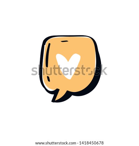Symbol heart in yellow color cartoon speech bubble. Hand drawn slang lettering for dialogs, messages, chats etc. Handwritten text in comic style and doodle frame