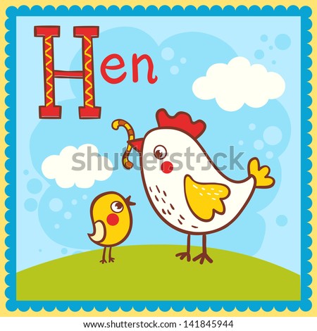 Illustrated alphabet letter H and hen.